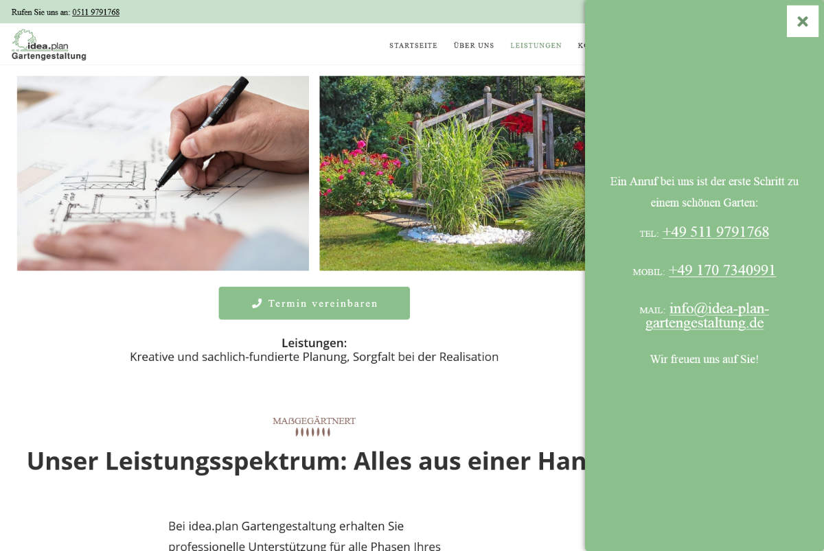 Webdesign Hannover: idea plan Gartengestaltung mit Kontaktpanel