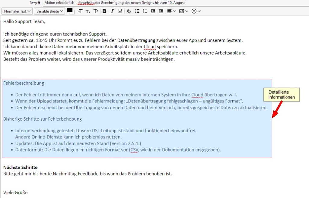 Die detaillierte Beschreibung ist der zweite Teil einer BLUF E-Mail (optional)