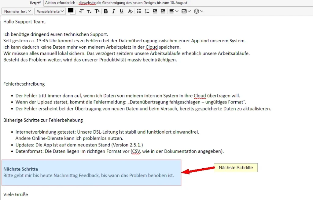 Der Call to Action ist der dritte Teil einer BLUF E-Mail (optional)