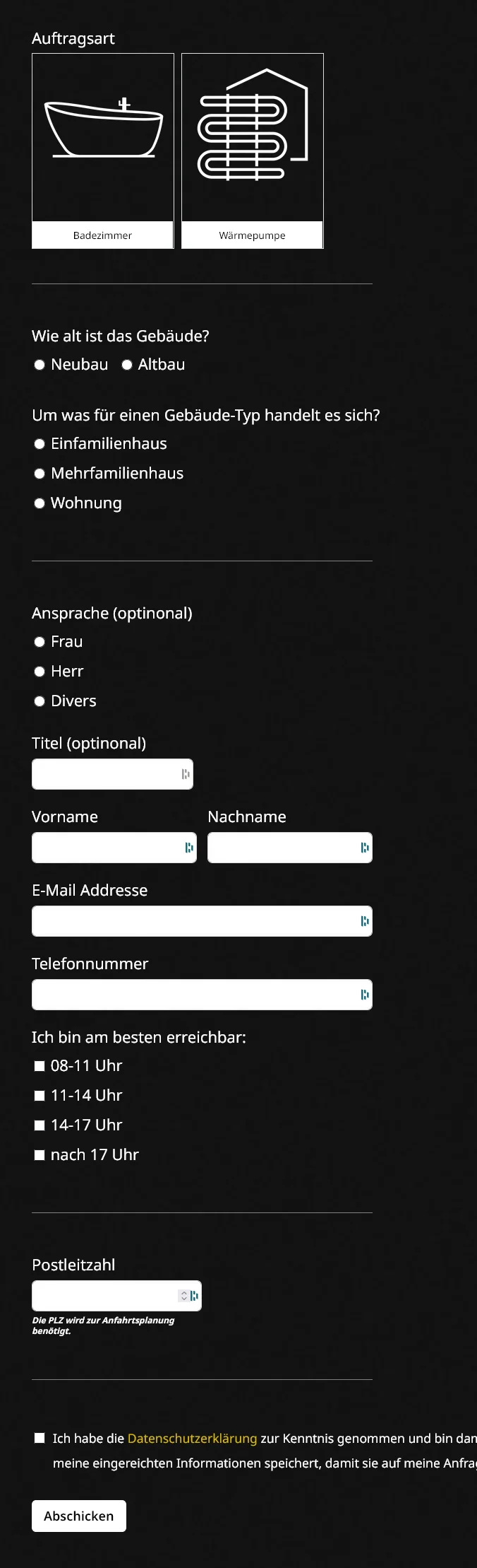 Gelungenes Formular Design eines Handwerker Projekt Formulars