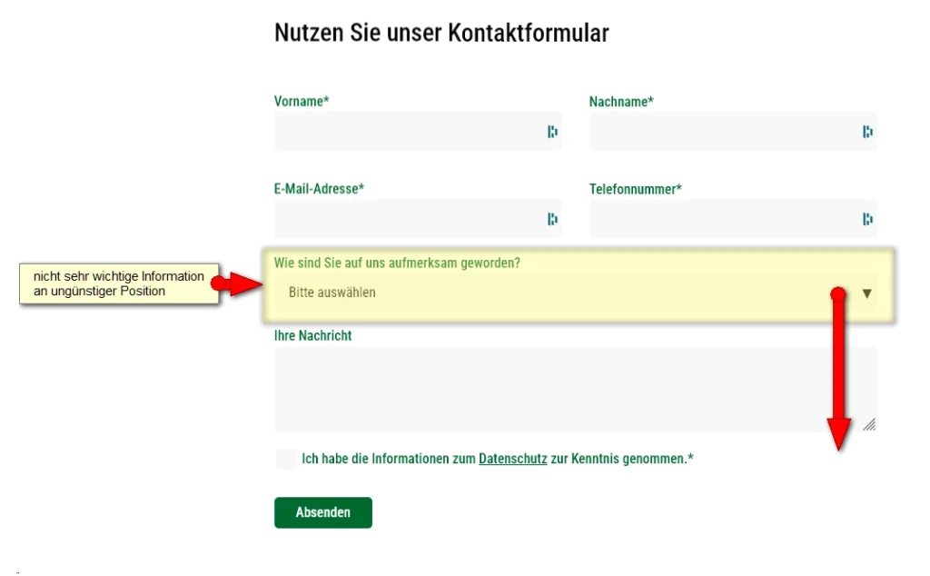 Suboptimales Formular Design: Nicht relevante Frage an ungünstiger Stelle im Formular.